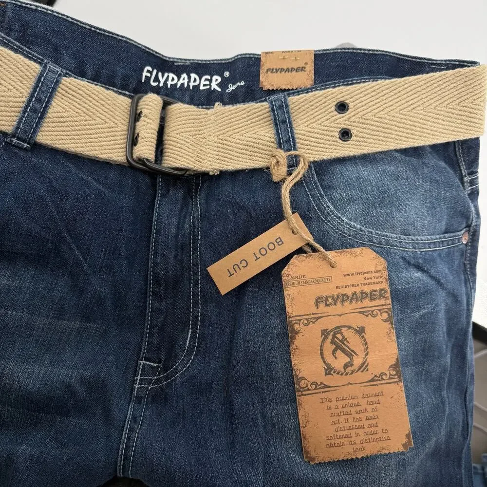 BRAND NEW NWT Men's Flypaper Medium Wash Blue Denim Bootcut Jeans W/ Belt 38x34